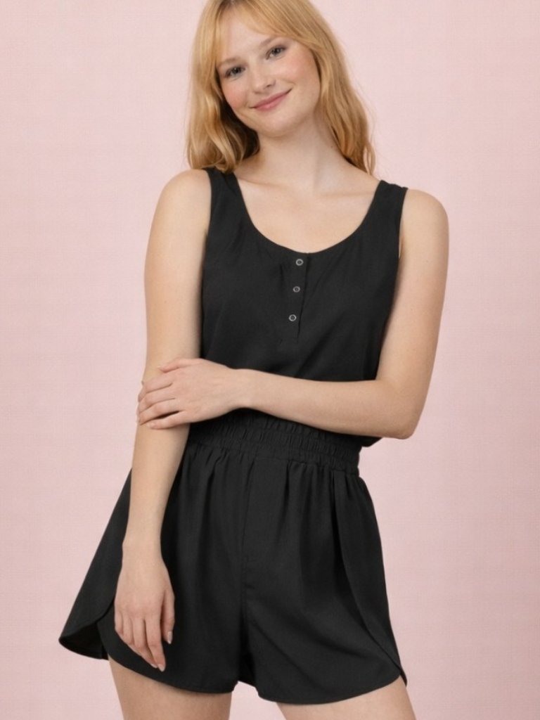 Very J Black Sleeveless Romper Elastic Waist Button Detail Nwt